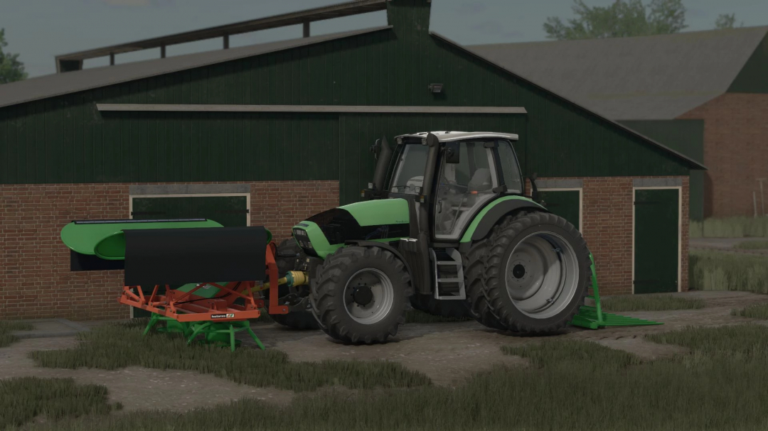 Farming Simulator 25 mods: Deutz Fahr M Series v1.0.0.0 tractor with attached farming equipment near a barn.