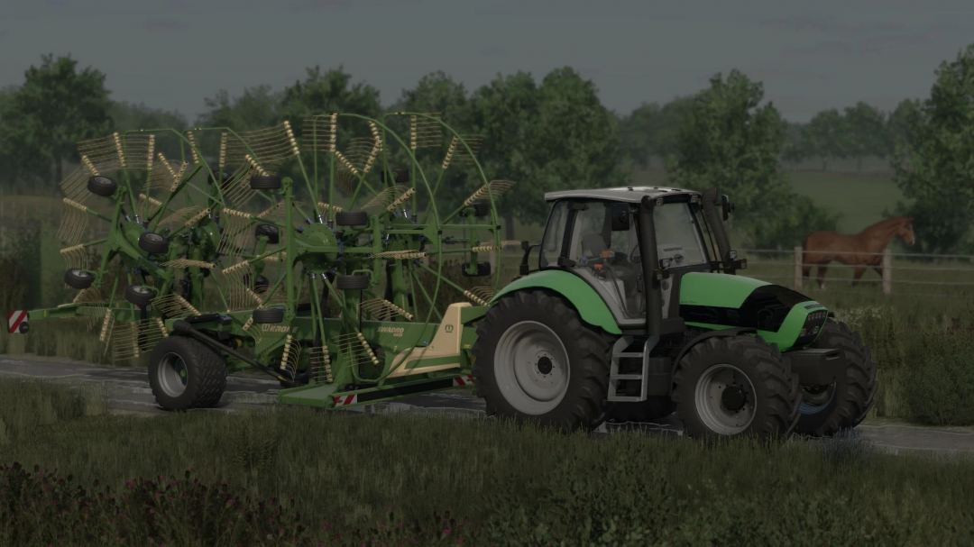 Farming Simulator 25 mod featuring a green tractor pulling a seed drill on a rural farm with horses in the background.