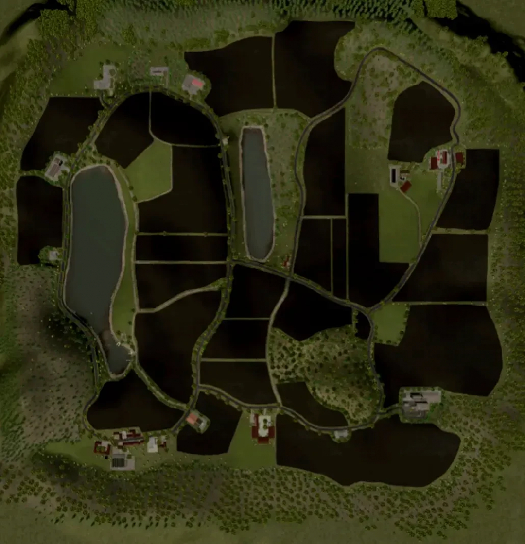 A top-down view of a farm layout with fields, lakes, and buildings in Farming Simulator 25 featuring the FBM25 Sonnental mod.