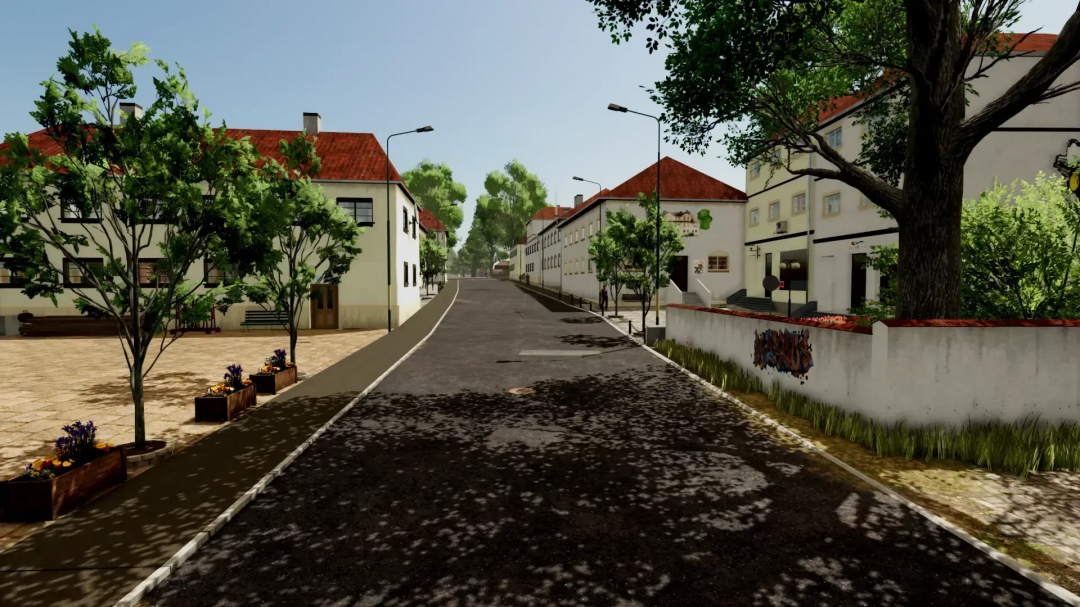 In-game view of a village street in Farming Simulator 25 with trees, buildings, and streetlights, showcasing FS25 mods.