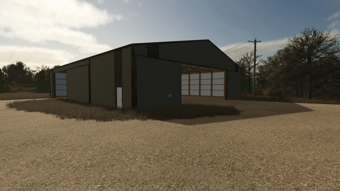 FS25 80x100 Cold Storage mod from Farming Simulator 25, a large metal shed for storing farm equipment, in-game mod.