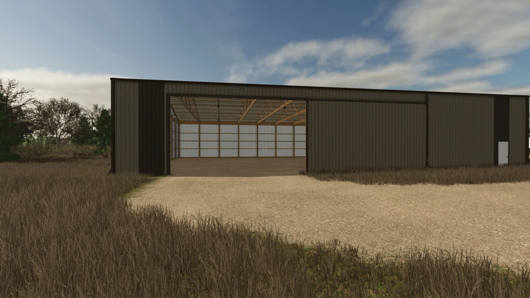 FS25 mod: Large black metal storage shed with open front, ideal for Farming Simulator 25 gameplay and storage needs.