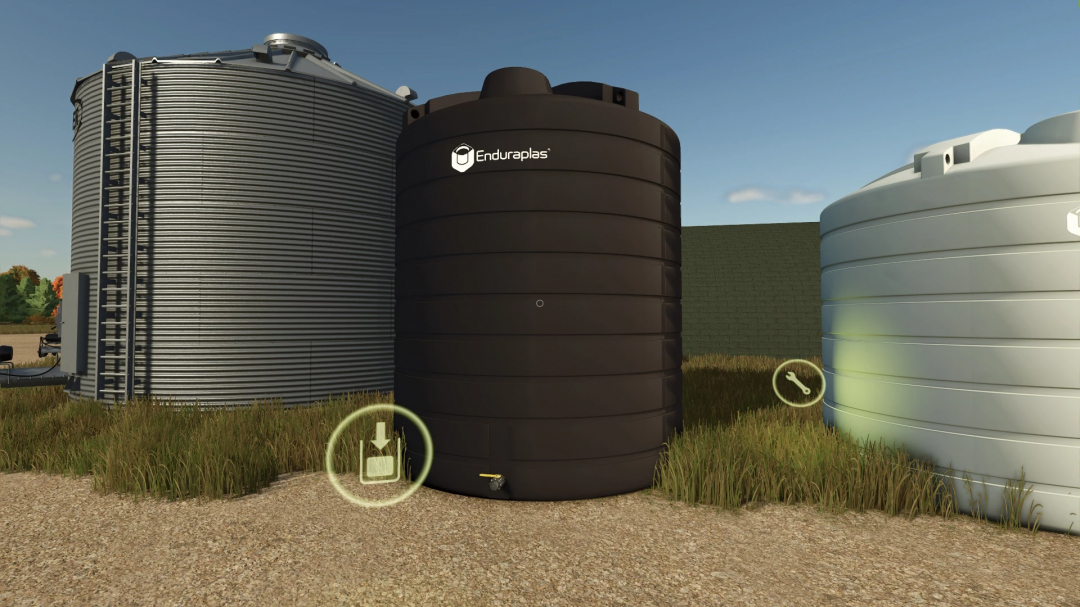 FS25 mods, Enduraplas Tanks v1.0.0.0 for Farming Simulator 25, showing three different large, cylindrical farm tanks on a field.