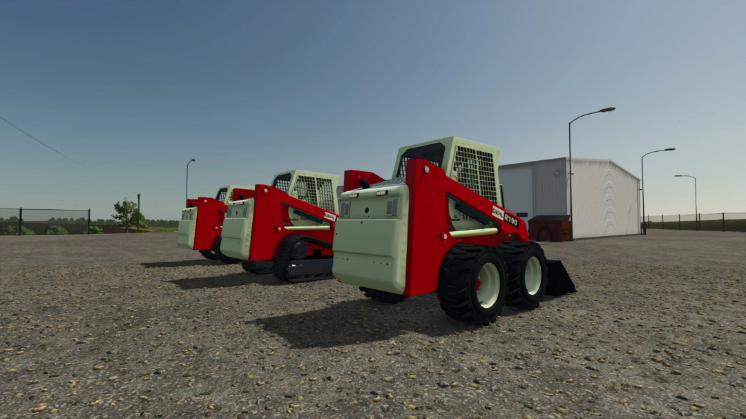 Farming Simulator 25 mods: Three Gehl R190 skid steer loaders with red and beige design, parked outdoors in Farming Simulator 25.