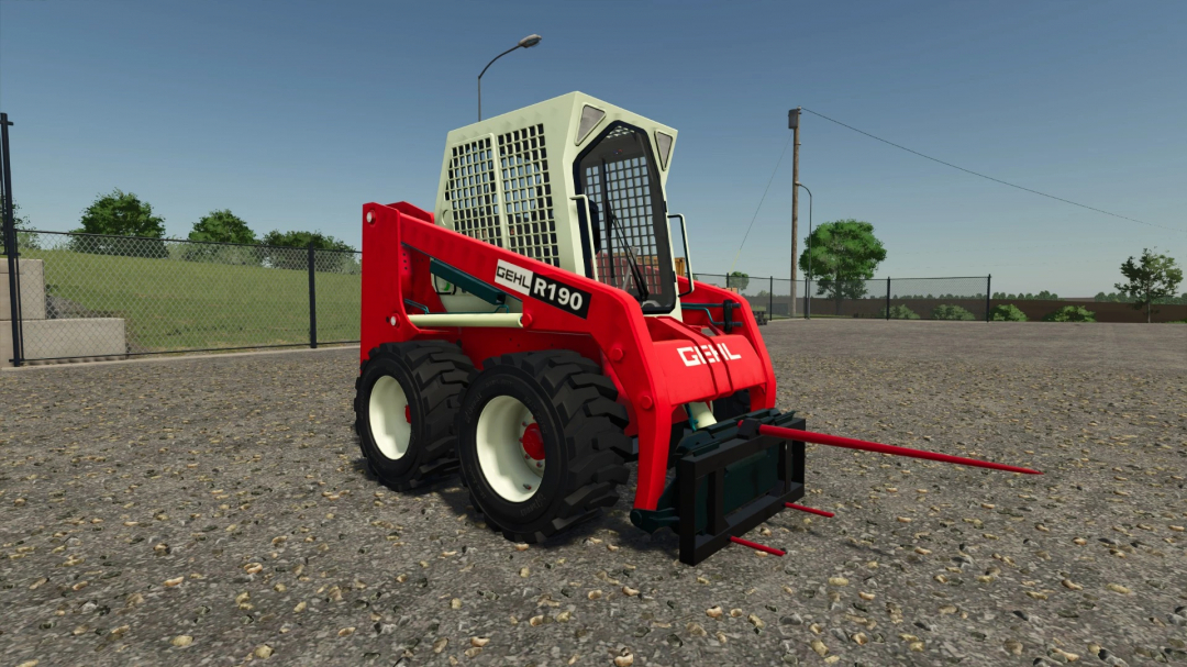 FS25 Gehl R190 Throwback skid steer loader mod in Farming Simulator 25, with a red body, white cabin, and large rugged tires.