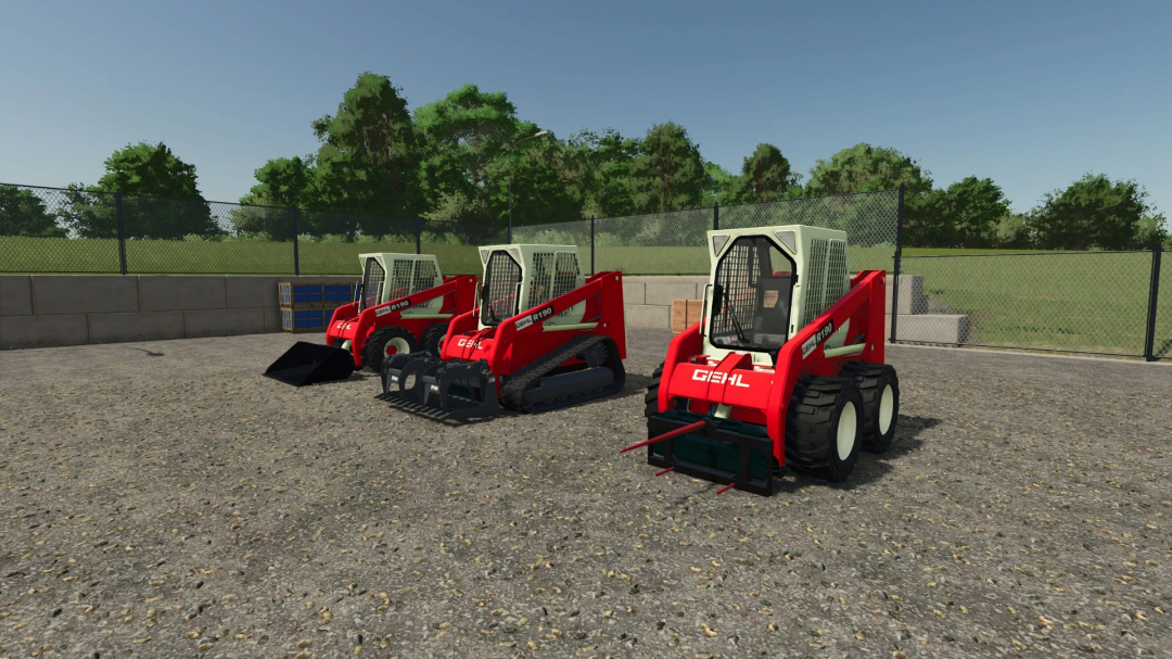 Farming Simulator 25 mods featuring three Gehl R190 compact loaders with different attachments for versatile farm work.