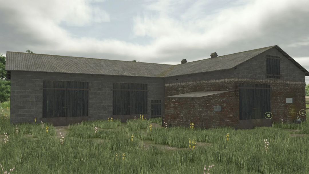 Old farm shed in Farming Simulator 25 with overgrown grass and weathered walls, featured as a farm building mod with cows.