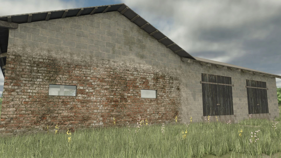 Farm building with cows in Farming Simulator 25, featuring brick and wooden walls, with grass and wildflowers in front.
