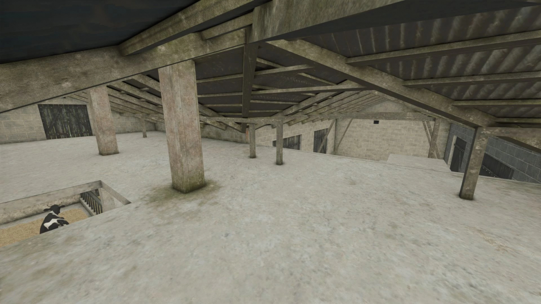 Interior view of a barn in Farming Simulator 25 with a cow enclosure, part of the Farm Building With Cows v1.0.0.0 mod.