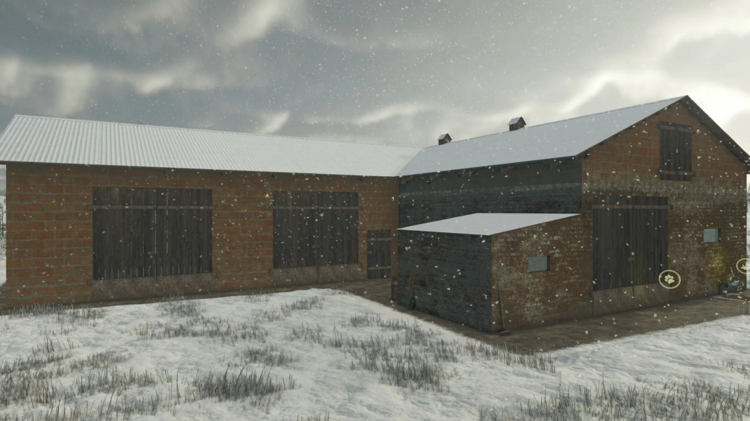 Farm building with cows mod in FS25, snowy scene with rustic barn structures, suitable for Farming Simulator 25 mods.
