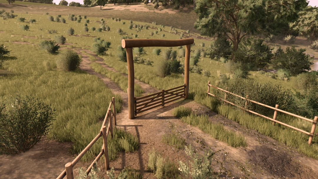 Farming Simulator 25 mod: Wooden farm entrance gate with fence, set in a rural landscape, enhancing farm access in FS25 mods.