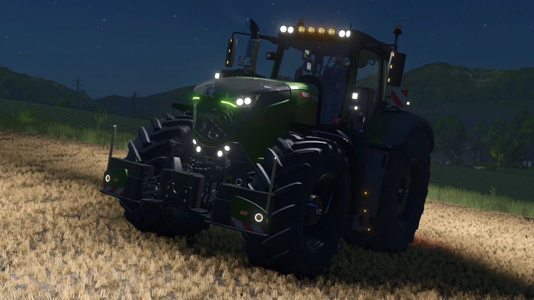 Fendt 1000 Vario tractor mod in Farming Simulator 25, nighttime scene, detailed agricultural vehicle with bright lights, part of FS25 mods.