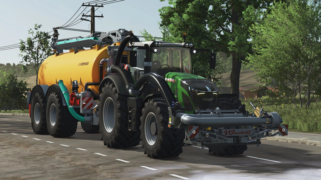 Farming Simulator 25 mod: Green Fendt tractor with a yellow Weenhuis liquid manure spreader on a rural road.