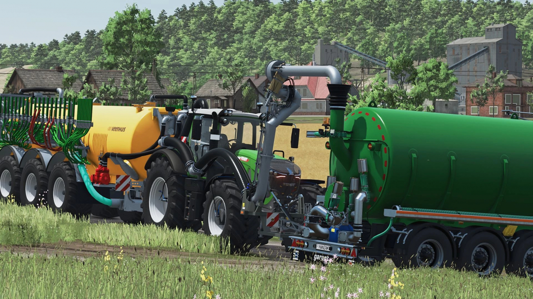 Farming Simulator 25 mods: Fendt 900 Agribumper v1.0.6.6 tractor attached to a green and yellow seed/fertilizer tank, in a rural field.