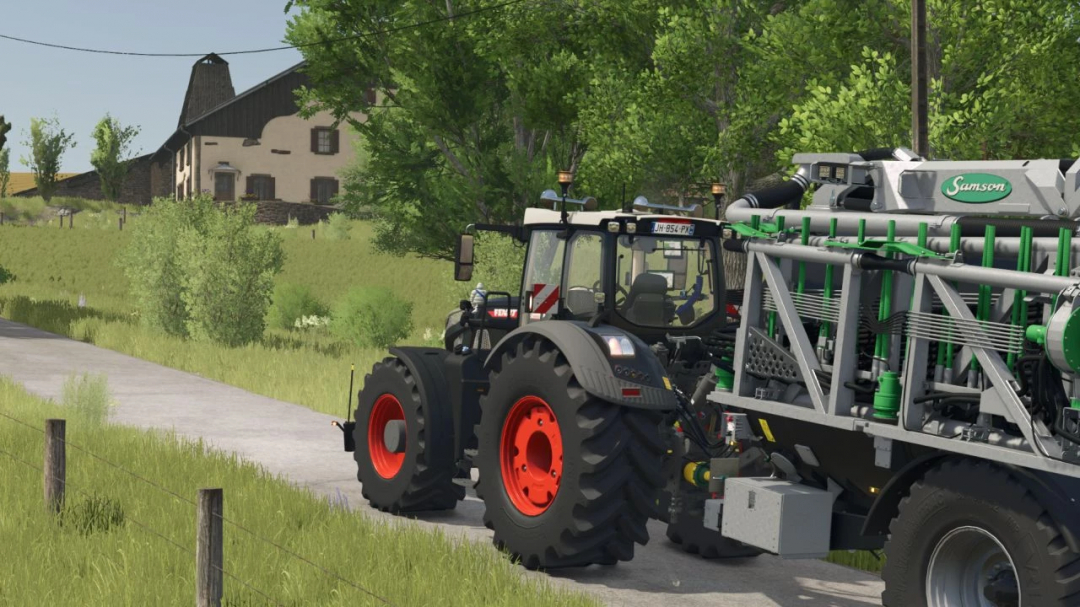 Farming Simulator 25 mod: Detailed image of a tractor attached to a green tanker, set in a rural landscape with trees and a farmhouse in the background.