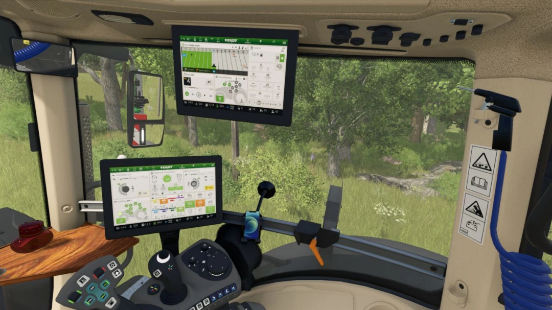 Interior view of a Farming Simulator 25 mod showing the Fendt 900 Vario Edit v1.0.0.0 tractor's cockpit with multiple control screens and realistic cab details.