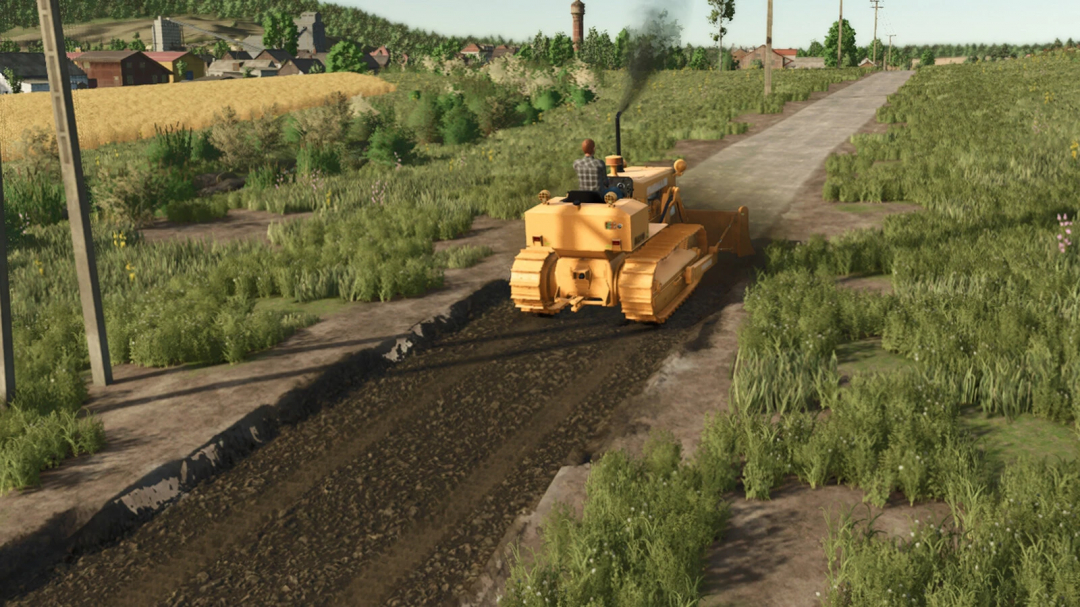 Farming Simulator 25 mod: a yellow Fiat-Allis Ad9 bulldozer working on a rural dirt road surrounded by green fields and farmhouses.