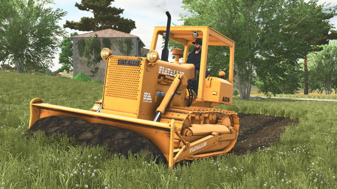 Farming Simulator 25 mod: Fiat-Allis AD9 bulldozer clearing grass in a field.