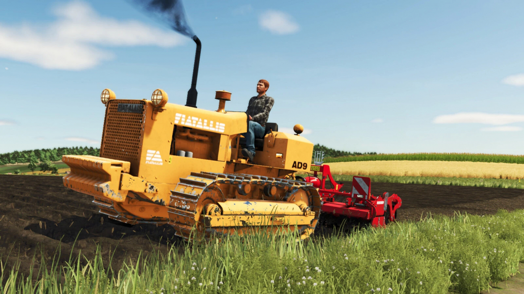 Farming Simulator 25 mod featuring a yellow Fiat-Allis AD9 bulldozer working on a field with a farmer on a sunny day.