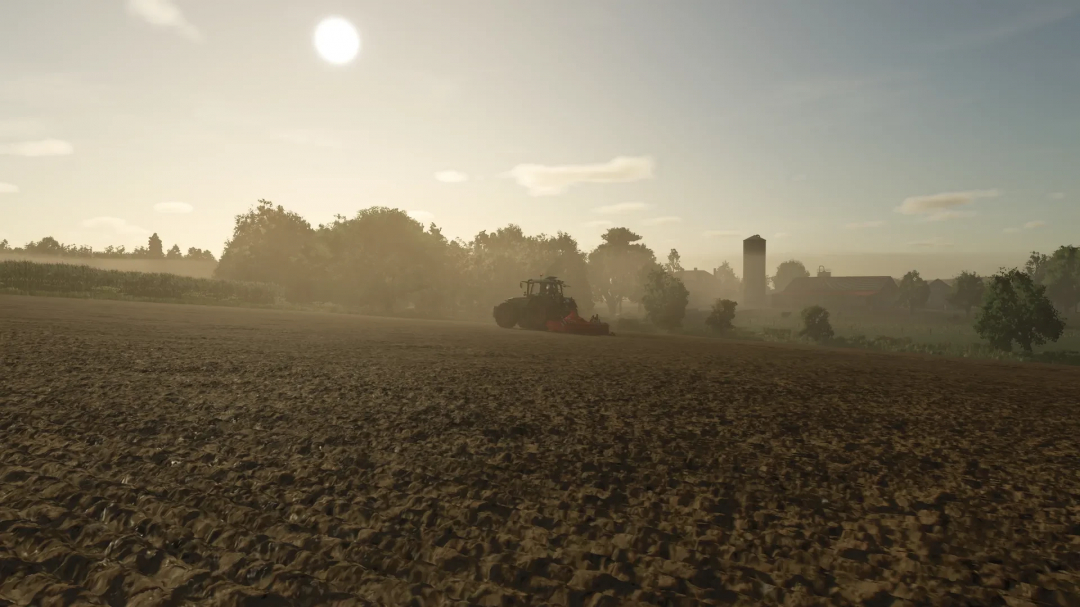 Farming Simulator 25 mod, field preparation with a tractor, on a textured soil field during sunrise, showcasing the Field Texture Pack v1.0.0.0.
