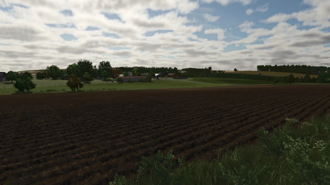 Farming Simulator 25 mod showcasing the Field Texture Pack v1.0.0.0 on a farm with plowed fields and surrounding scenery.