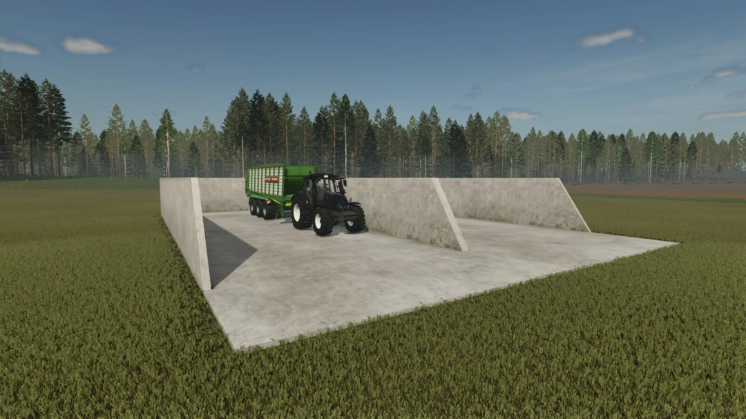 Farming Simulator 25 mod image featuring a black tractor with a green bunker silo attachment in an open field.