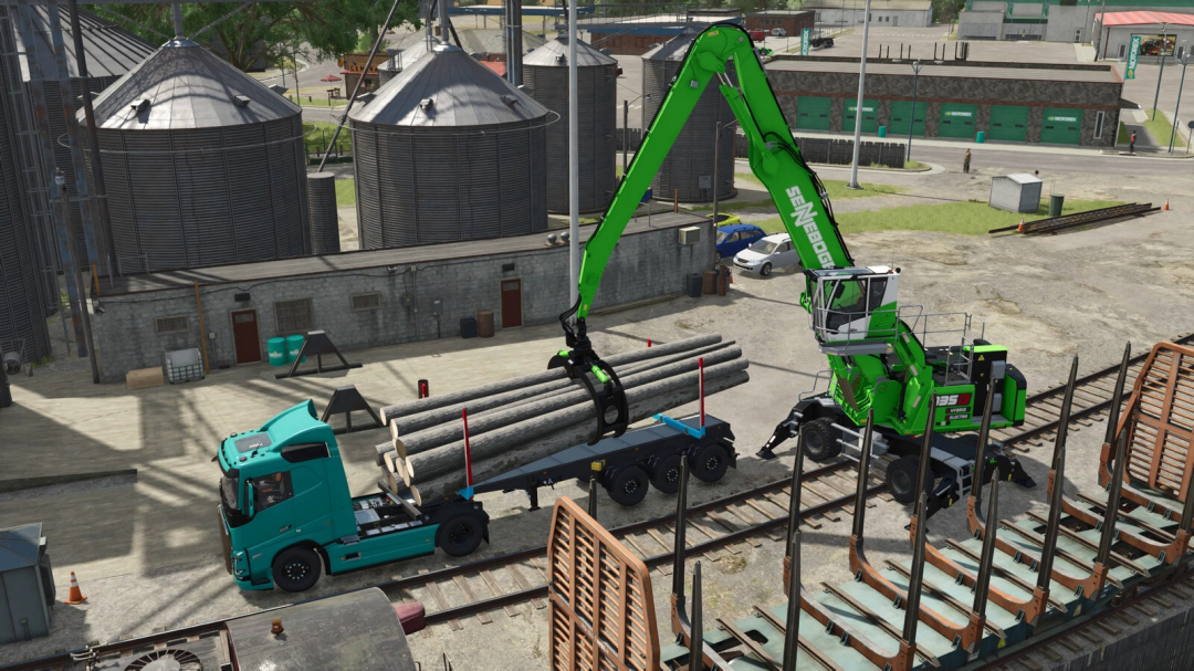 Farming Simulator 25 mod: Green Sennebogen log forklift loading logs onto a trailer with a blue truck, at an industrial site.