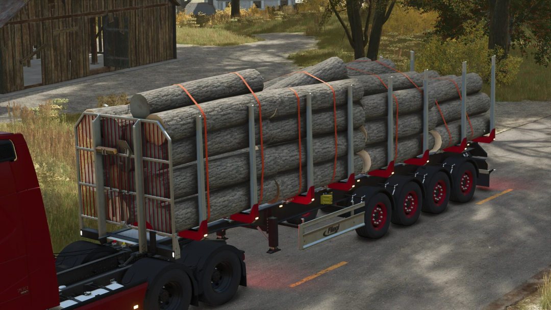 Farming Simulator 25 mod image showing a timber trailer loaded with logs for FS25 mods.