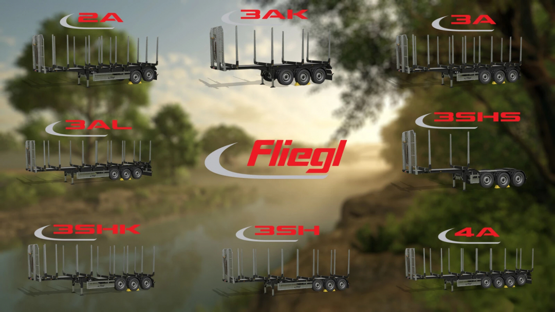 Farming Simulator 25 mods featuring the Fliegl Timber Runner Pack v1.0.0.1 with different trailer models showcased against a blurred natural background.