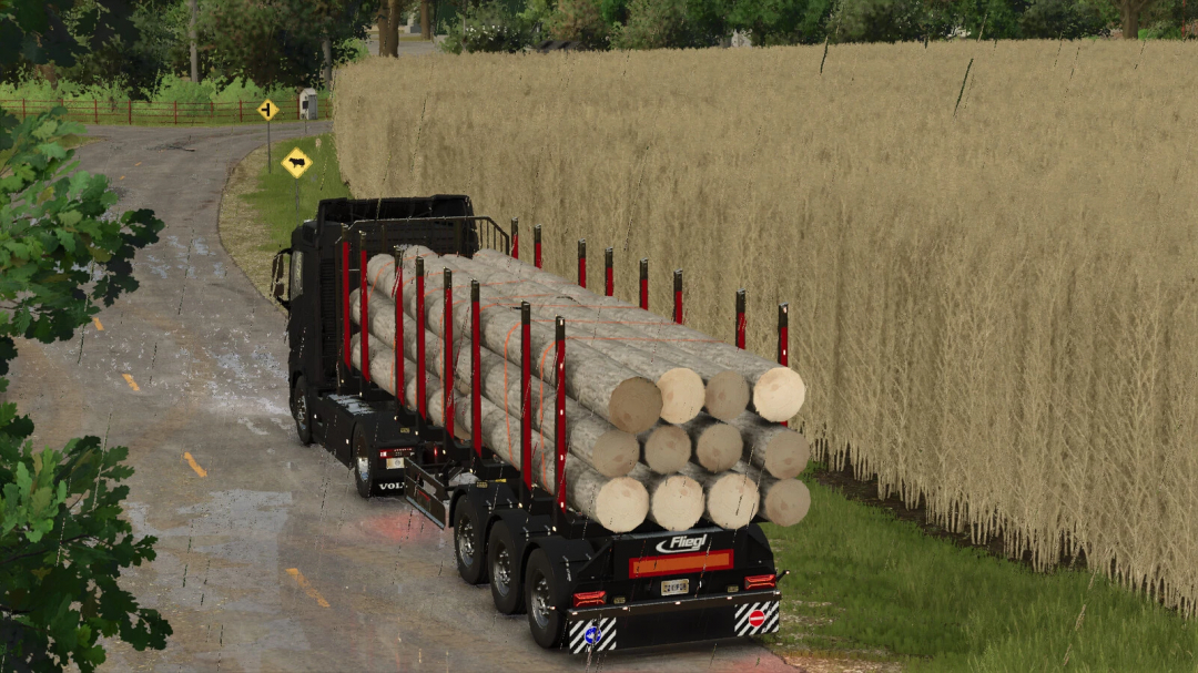 Farming Simulator 25 mod: Fliegl Timber Runner Pack v1.0.0.1 with logs on a farm truck for realistic logging operations.