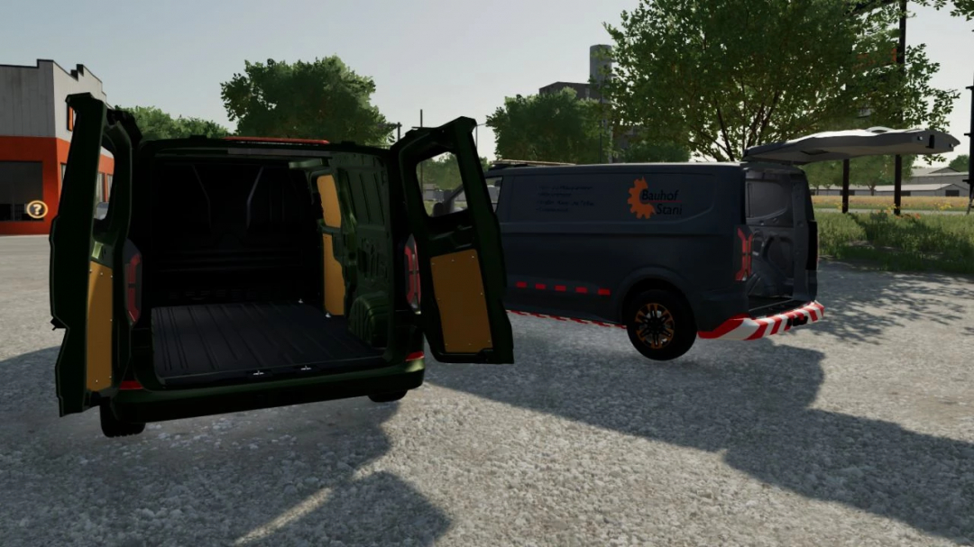 Farming Simulator 22 mods: Ford Transit Custom V1.0.0.0 van with open rear doors, demonstrating mod features.