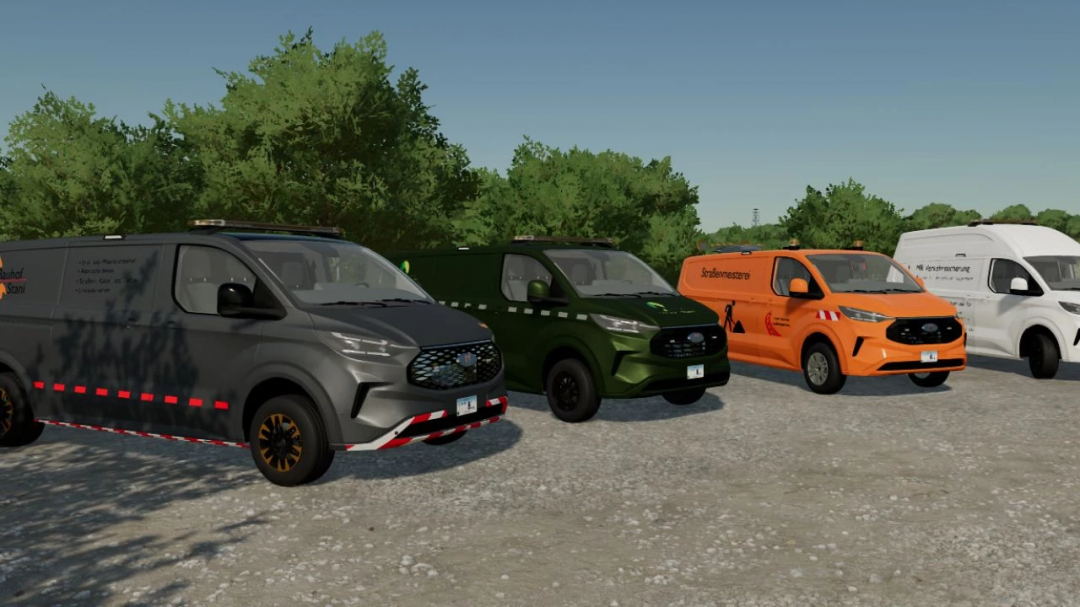 Farming Simulator 22 mods featuring Ford Transit Custom V1.0.0.0 utility vehicles in a virtual parking lot.