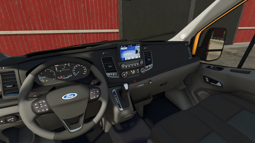Inside the Ford Transit MK8 in Farming Simulator 25 with detailed dashboard and steering wheel.