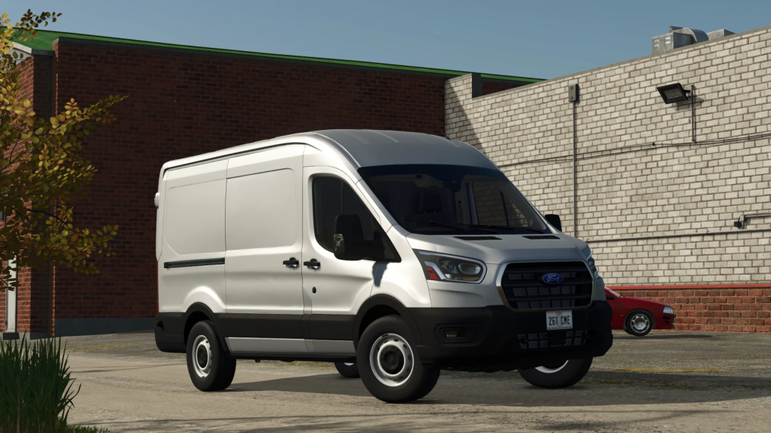 Farming Simulator 25 mods - Ford Transit MK8 v1.3.0.0, a white utility van parked in an urban setting with brick walls in the background.