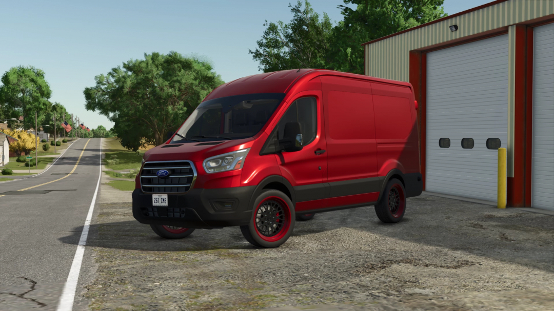 Red Ford Transit MK8 van mod from Farming Simulator 25, parked outside a garage, showcasing FS25 mods.