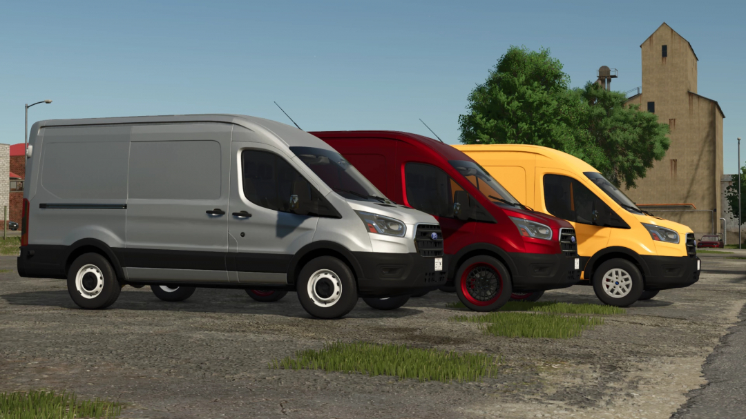 Farming Simulator 25 mods: Custom Ford Transit MK8 vans in silver, red, and yellow colors from FS25 mods.
