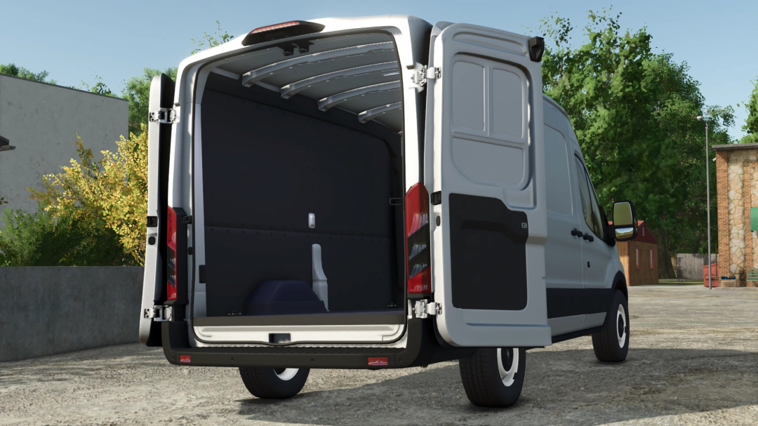 Farming Simulator 25 mods: Ford Transit MK8 v1.3.0.0 cargo van, open rear cargo area, suitable for Farming Simulator 25 mods.