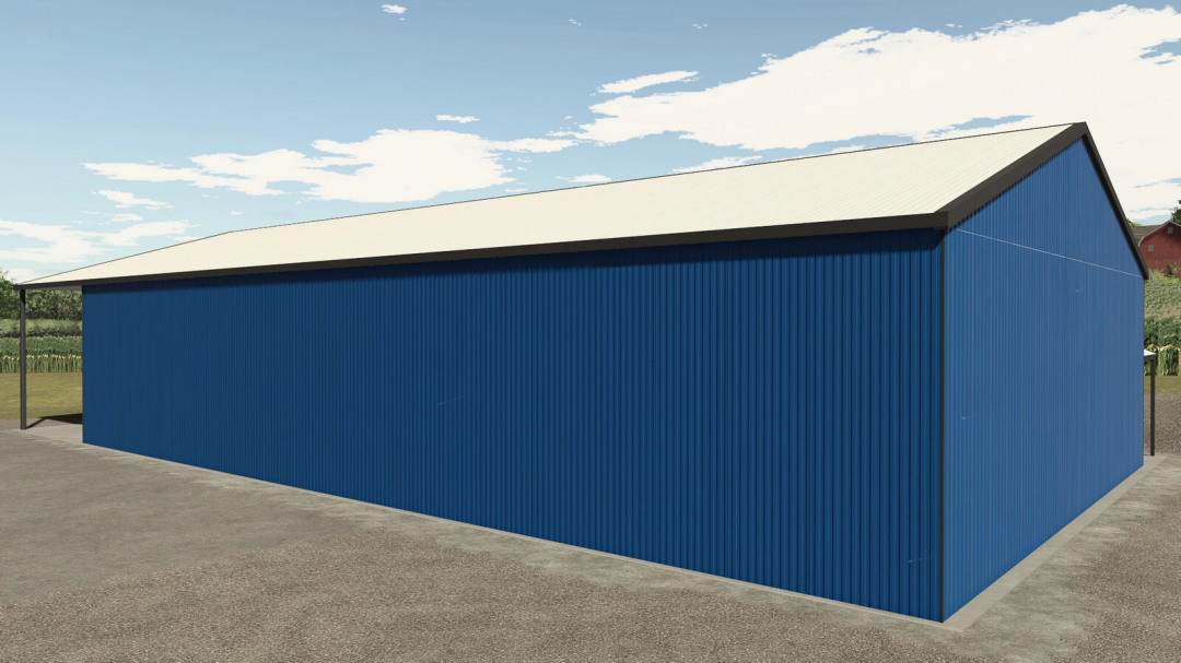 Garage with solar panels in Farming Simulator 25 mod, blue metal siding, large roof, outdoor setting, realistic game environment.