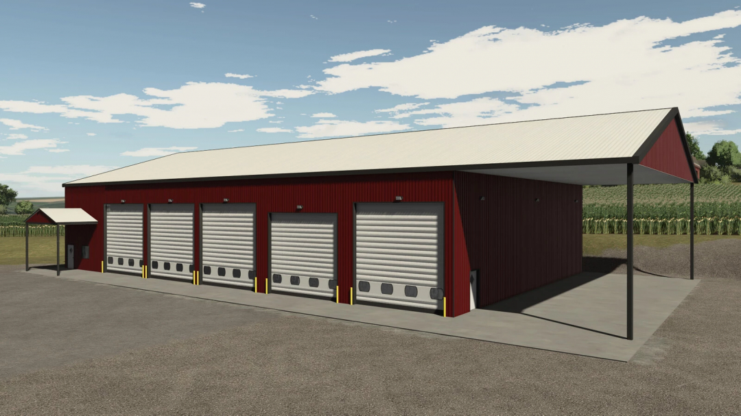 Garage with solar panels mod from Farming Simulator 25, featuring four large roller doors, a side entrance, and a red exterior with a white roof.