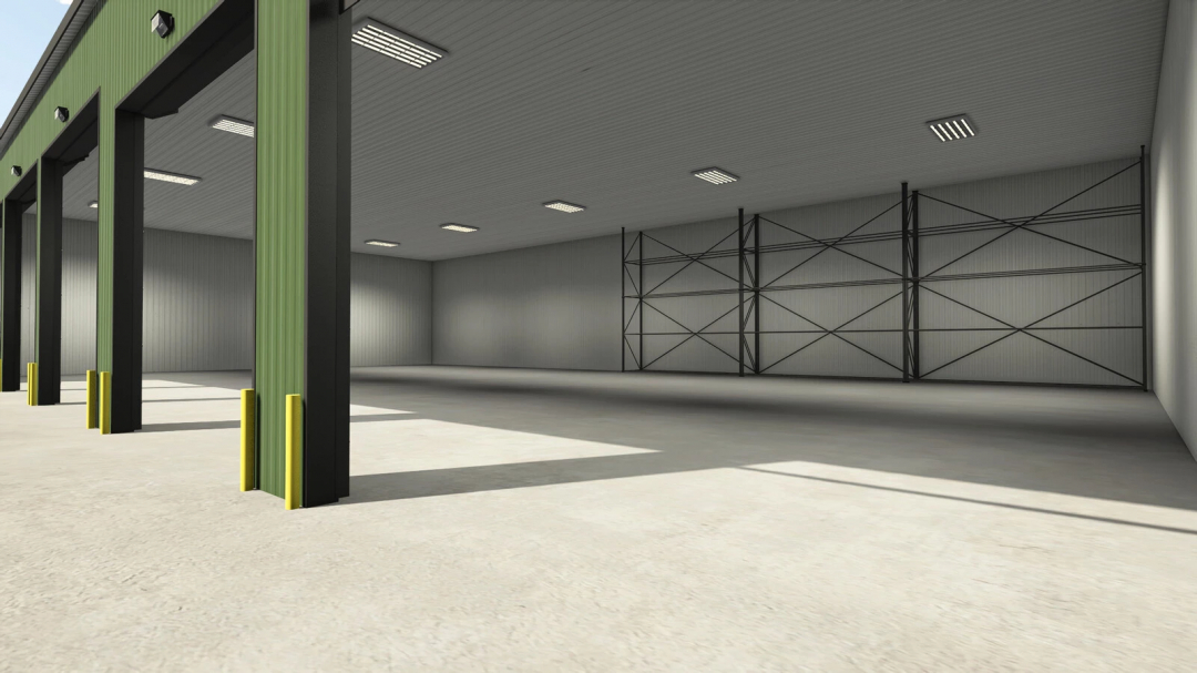 Garage with solar panels mod for Farming Simulator 25, part of FS25 mods, features an empty structure with storage space.