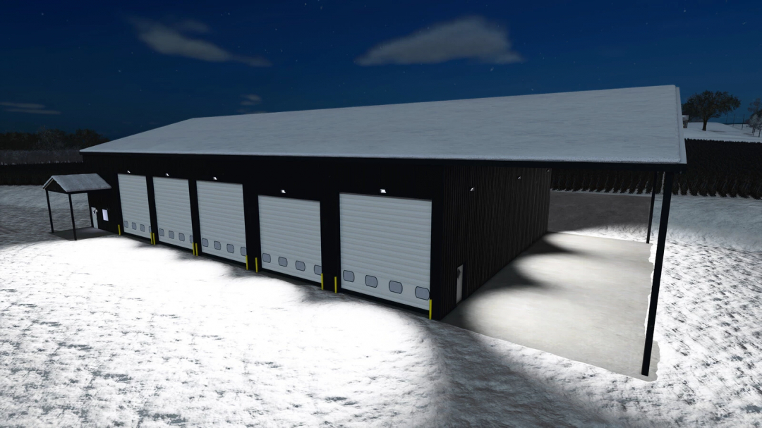 Night view of a farm garage with solar panels mod in Farming Simulator 25, dark sky, snow-covered ground, and illuminated garage doors.