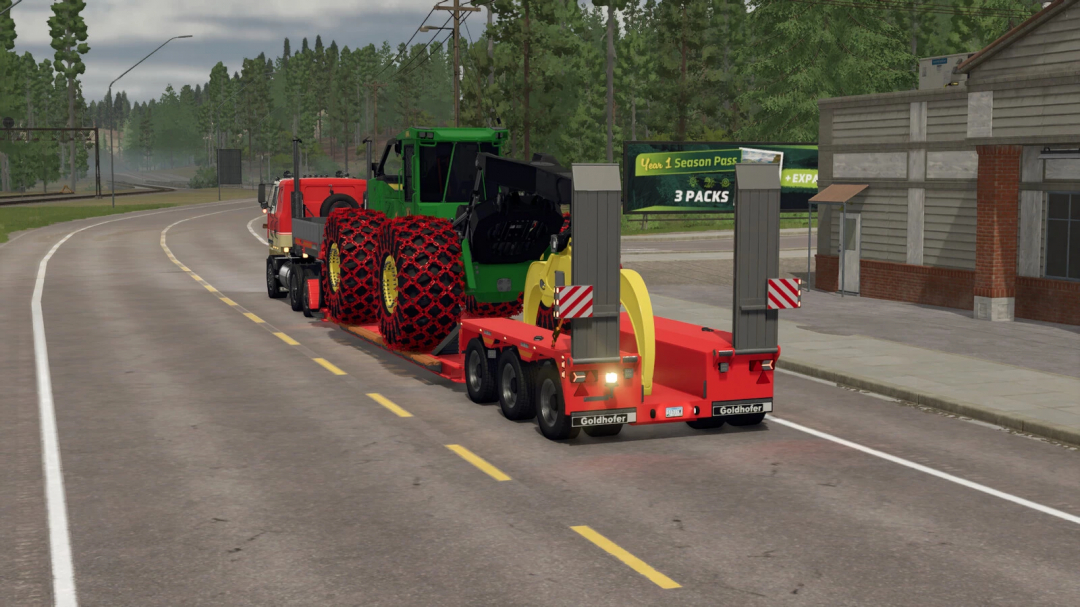 Farming Simulator 25 mod featuring a Goldhofer STZ-VP pack trailer carrying a green tractor, part of FS25 mods collection.