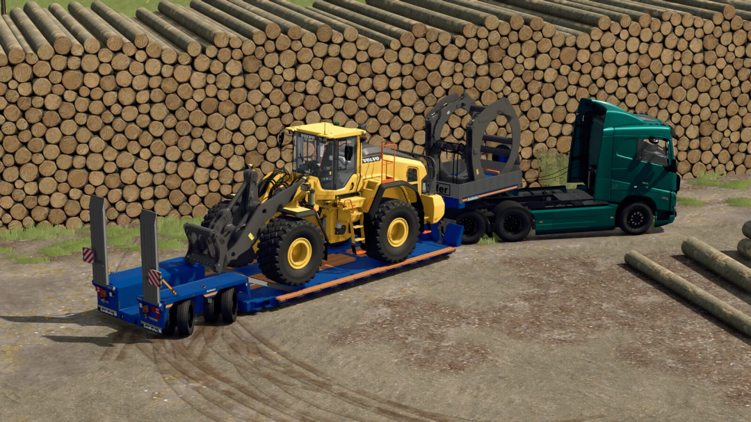Farming Simulator 25 mods: A yellow Volvo wheel loader on a flatbed trailer being transported by a green truck in front of a wood pile.