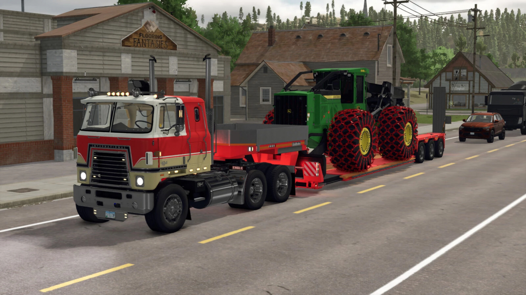 Farming Simulator 25 mods: Truck transporting a large green John Deere tractor with Redwood tires on a road.