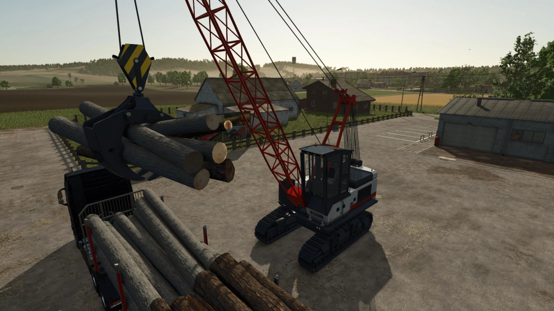 Farming Simulator 25 mod: Crane loading logs with grapple yarder at a farmyard.