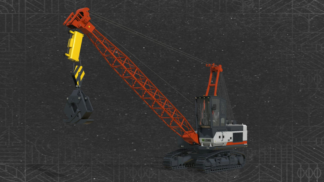 FS25 mods - Lizard Grapple Yarder v1.0.0.0 for Farming Simulator 25, featuring a tracked crane with grapple for logging.