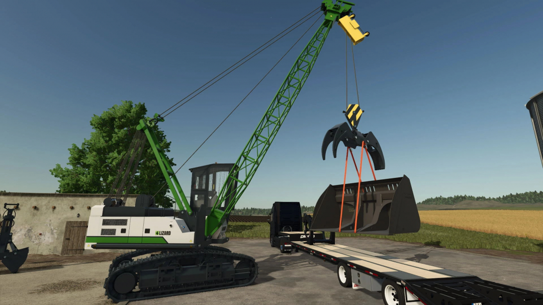Farming Simulator 25 mod: Lizard grapple yarder being loaded onto a trailer, showcasing realistic forestry equipment.