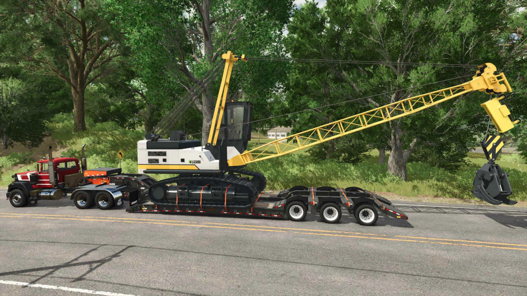 Farming Simulator 25 mod: Lizard Grapple Yarder v1.0.0.0 attached to a truck, used for logging and wood transport in FS25.