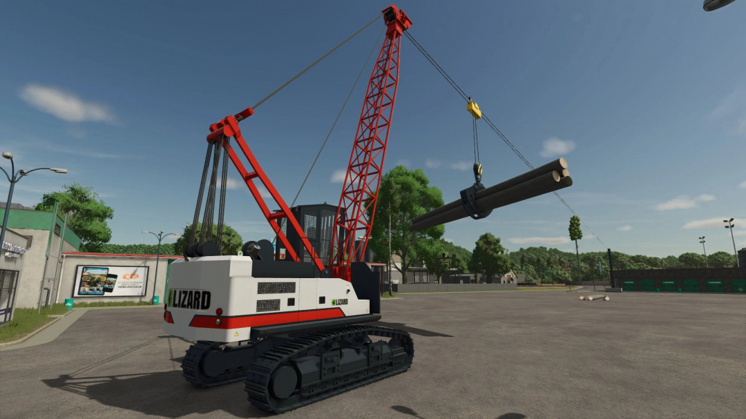 Farming Simulator 25 mod: Lizard Grapple Yarder v1.0.0.0, a logging crane with a grapple arm lifting logs, used in forestry operations.