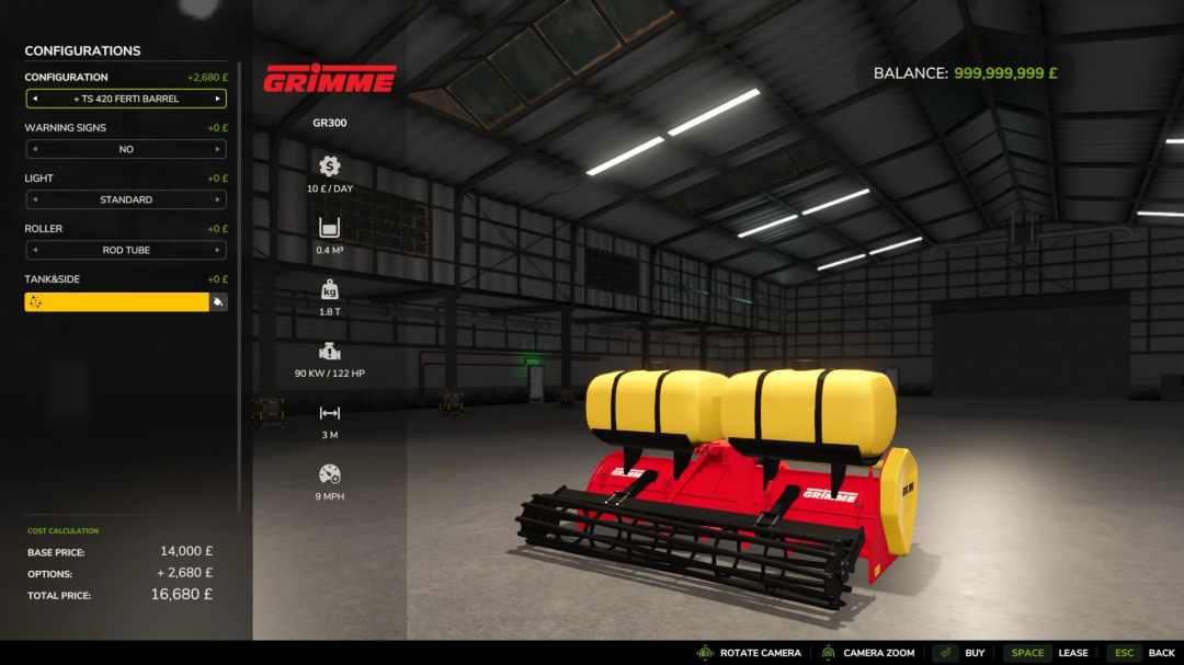 Farming Simulator 25 mod showcasing the Grimme GR300 with options for configuration, tank capacity, and engine power in a virtual farm storage.